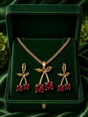 Cherry Red Crystal Necklace Earrings Jewelry Gift Set